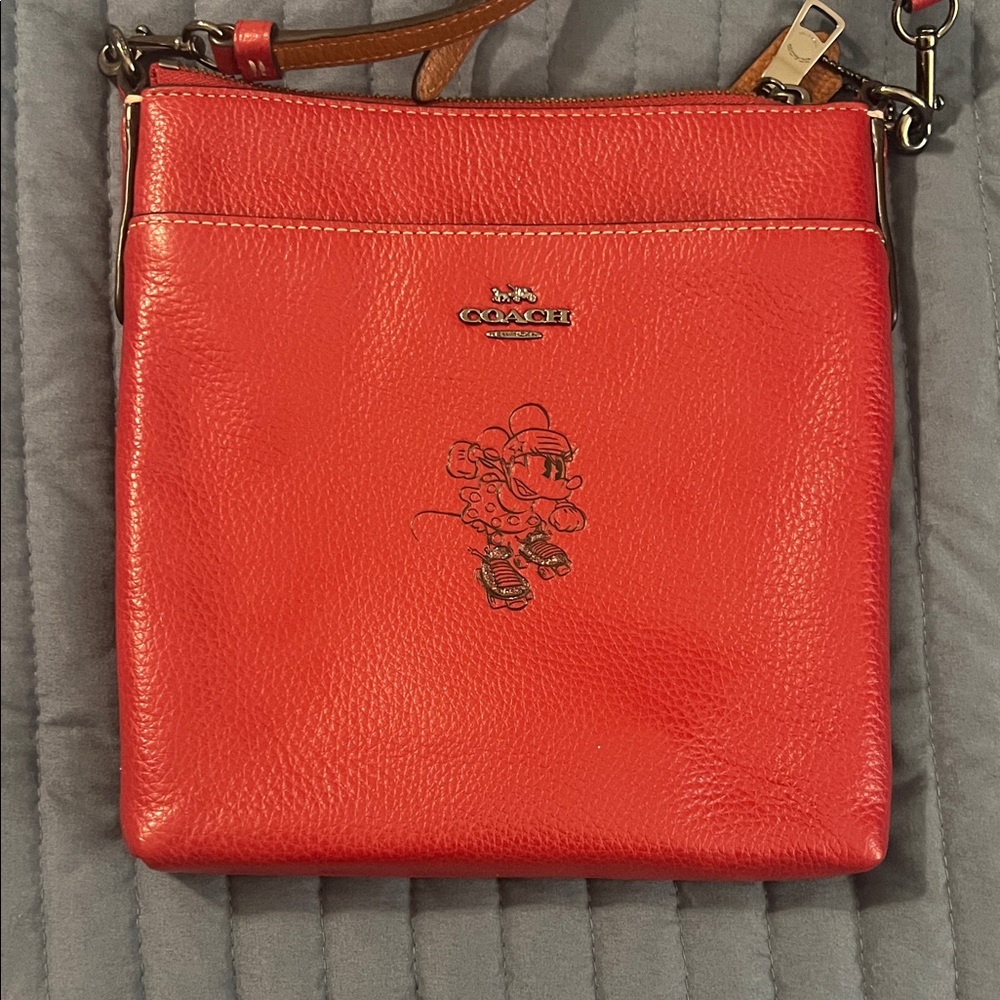 Disney Coach Red Leather Crossbody Bag with Minnie Mouse
